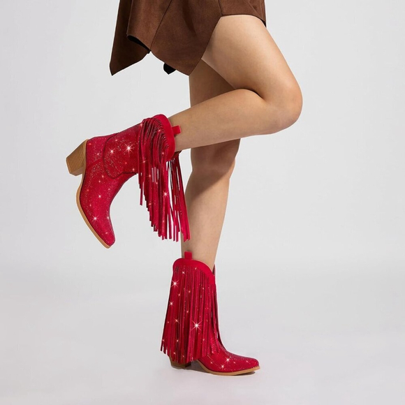 NWT Women’s Cowgirl Boots Rhinestone Fringe Sparkly Western Red Chunky Heel - Picture 3 of 10